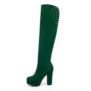 Boots Fashion Knee High Women Platform Soft Velvet Green Brown Long Boot Shoes Block Heels Winter Lady Large Size 48 221108