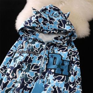 Damen Hoodies Sweatshirts Harajuku Dämon Stickerei Übergroßes Camouflage Sweatshirt Gothic Goth Zip Up Hoodie Y2k Kleidung Paare Streetwear Frauen 221109