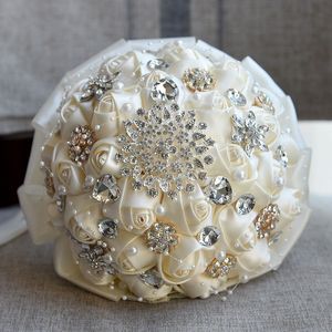 Klasik Fildişi Satin Yapay Düğün Çiçekleri Buketler El Yapımı Çiçek Rhinestone Nedime Kristal Gelin Buketleri De Mariage