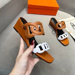 Classic Naturel Leather 55 Sandals Woman Mid-Heel Slides Wedge Heeled Mules Lady Heels Chain Slippers Casual Fashion