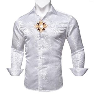 Men's Casual Shirts Men Silk Shirt White Brooch Turn-Down Collar Floral Long Sleeve Fit Wedding Party Business Barry.Wang