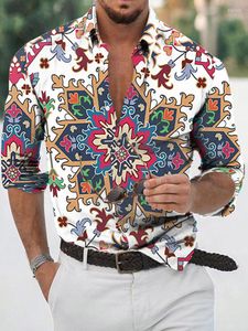Mäns casual skjortor män mode skjorta stor med aztek etnisk blommuttryck långärmad vintage kläder cardigan topp