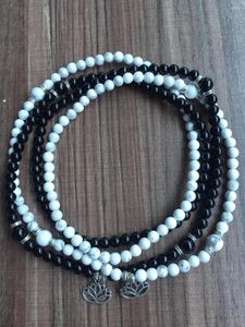 Strand 2pc Set 4 Laps Bracelets 108 Mala Beads White Howlite Black Onyx Bracelet Lotus Pendant Prayer Yoga