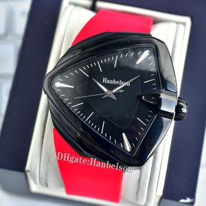 Triangle steel case Mens watch Automatic movement Black face Glass bottom cover Sports Red Rubber strap 42mm Pin buckle wristwatch