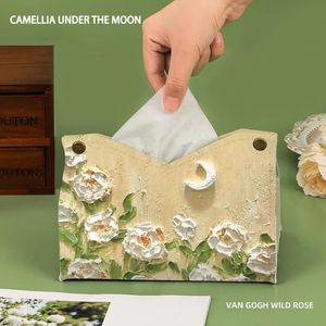 White Camellia Tissue Box Oil Painting Restaurant Napkin Box Waterproof Leather Desktop Paper Case Home Storage Bag MJ1067