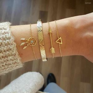 Bangle Alyxuy 4 PCS / Set Boho Dream Catcher l￤mnar Triangel Arrow Chain Open Multilayer Armband Women uts￶kta smycken