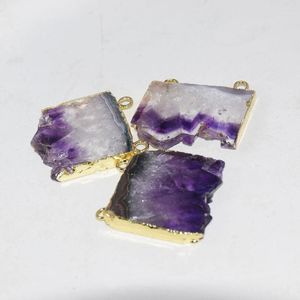 Подвесные ожерелья натуральные хрустальные ювелирные изделия Druzy Stone Connector для женщин Большой сырой фиолетовый кварцевый ломтик 2 обруча Geode Charms Корейская мода