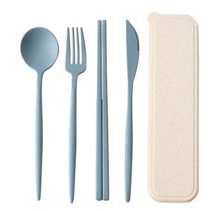 4PCS Set Cutlery Flatware Sets Wheat Straw Spoon Fork Chopsticks With Box Students Tableware Travel Portable Dinnerware