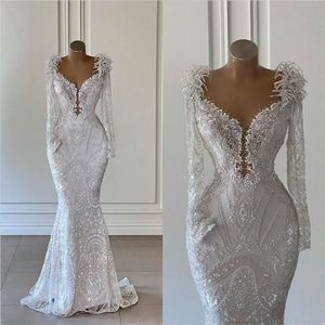 Mermaid Dresses 2023 Wedding Bridal Gown Beaded Crystals Lace Applique Plunging V Neck with Long Sleeves Custom Made Vestidos De Novia Plus Size estidos