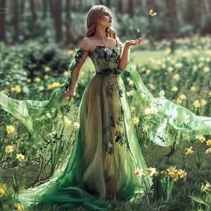 A-Line Fairy Green Prom-kl￤nningar L￥nga ￤rmar fr￥n axel ￤lskling quinceanera kl￤nning kvinnor formella aftonkl￤nningar special tillf￤lle slitage gjord