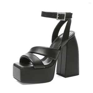 الصنادل النسائية الجلدية الأصلية منصة إصبع القدم زقزقة من منصة S-Strap Hoof High Heel Slingbacks Shoes Rhinestons Buckle 4Colors