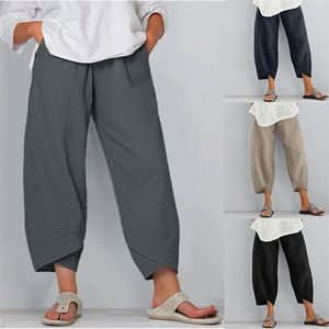 Women's Pants Capris Vintage Harem Women Summer Casual Elastic Waist Cotton Linen Wide Leg Loose Female Solid Cropped Trousers Pantalon 221109