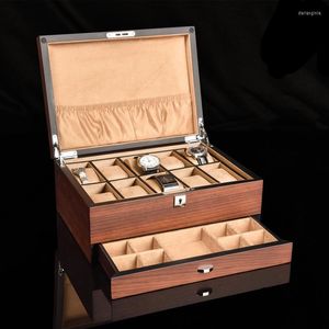 Caixas de relógio Duas camadas armazenamento de madeira com travamento Organizador sólido Luxury Case Box Clock Display