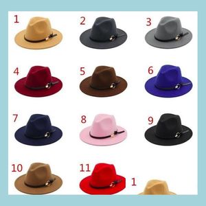 Stingy Brim Hats Fashion Top Hats For Men Women Elegant Solid Felt Fedora Hat Band Wide Flat Brim Jazz Stylish Trilby Panama Caps Dr Dhpnl