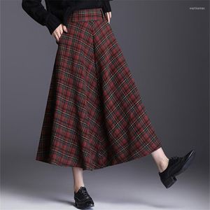 Skirts Neophil 2022 Winter Thick Plaid Woolen Pleated Midi High Waist England Style Wool A-Line Flare Tartan Mujer Faldas S92D9