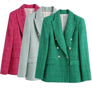 Women's Suits Blazers BlingBlingee Spring Women Traf Jacket Ornate Button Tweed Woolen Coats Female Casual Thick Green Blue Outerwear 221109