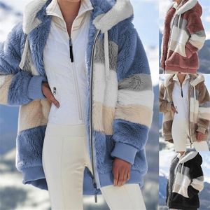 Jackets femininos Winter Women Women Warm Faux Fur Coat Fashion Moda de grandes dimensões sobretudo sobretudo retro retalhos de lã com capuz zipper fora 221109