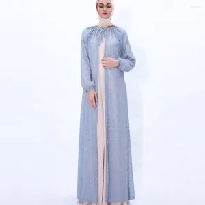 Etniska kläder Muslimsk mode Bright Silk Cape med Blue DrawString Tie Feminine Temperament All Match Cardigan Summer