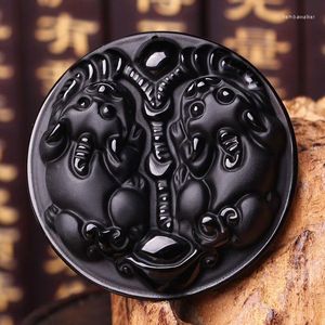 Hänge halsband vackra naturliga svart obsidian kinesiska välsignelser amulet dubbel pixiu lyckliga hängsmycken pärlor halsband fina charm smycken