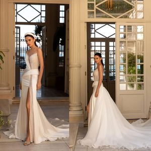 Elegantes Meerjungfrau-Hochzeitskleid, transparenter Tüll-Kragen, V-Ausschnitt, Perlen-Satin-Chiffon, geteilter Anhänger, Brautkleid in Übergröße, Promi-Kleid, Vestidos De Novia