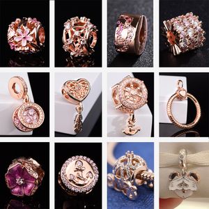 O novo pingente popular de prata esterlina 925 rosa brilhante folha flor guindaste é adequado para joias primitivas de pulseira pandora femininas faça você mesmo