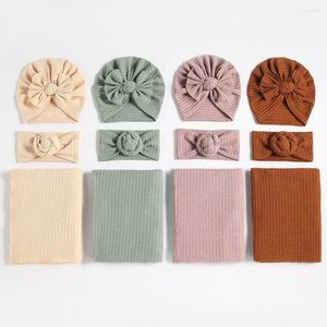 Cobertores 3pcs Nascido Baby Blanket Hat Set Waffle Bow respirável algodão macio para crianças