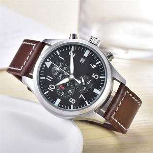 Relógios masculinos de alta qualidade, movimento de quartzo, relógio piloto, todos os mostradores, cronômetro, relógio de pulso, pulseira de couro, caixa de aço inoxidável, wate2675