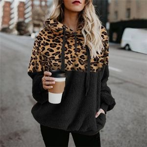 Felpe con cappuccio da donna Felpe casual sciolto peluche leopardo patchwork donna cerniera top manica lunga coulisse felpa calda con cappuccio con tasche autunno 221109