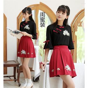 Ethnic Clothing Chinese Style Embroidery Women Hanfu High Waist Pleated Skirt Tops Two-piece Set Retro Ancient Dance Stage Performing