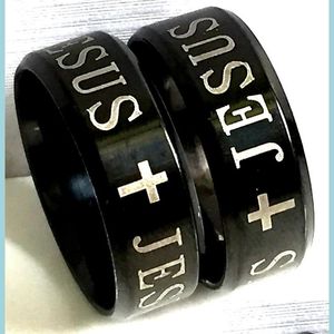 Bandringar grossist 36st Black 8mm Jesus Cross 316l rostfritt st￥l ringar kristna emalj modeband smycken fingerring drop de dhnqw