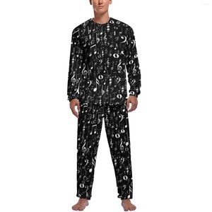 Herren-Nachtwäsche, lustige Musiknoten-Pyjama, lange Ärmel, schwarz und weiß, zweiteilige Freizeit-Pyjama-Sets, Winter-Mann, individueller Retro-Heimanzug