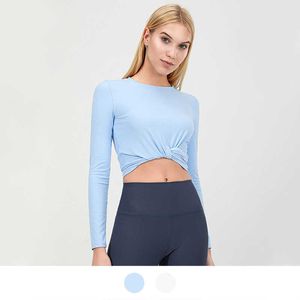 lu-88293 Women's Tops Yoga Tight Exposed Navel Sexy Long Sleeved Tee Blouse Tie Back Breathable Outer Wear Slim Sports Shirt