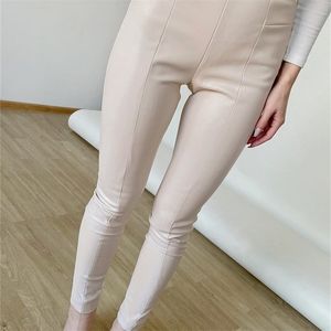 Pantaloni da donna Capris invernali in pelle neri con cerniera sottile pantaloni classici a matita beige attillati in PU finto per donna 221109