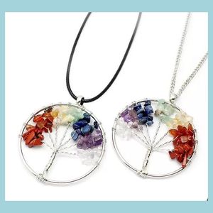 Collane con ciondolo Albero della vita Collana con ciondolo al quarzo Arcobaleno 7 Chakra Mticolor Pietra naturale Saggezza Catena in pelle per ragazze Regalo D Dhtfo