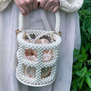 Totes Abendtaschen Handgefertigte Perlen-Eimertasche Hohle runde Damenhandtasche Imitationsperlenhandtasche 221109