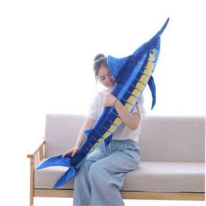 1pc 100cm140cm Simulação azul marlin almofada de pelúcia de desenho animado macio de tubarão de tubarão para presentes para presentes decoração de decoração brinquedos j220729