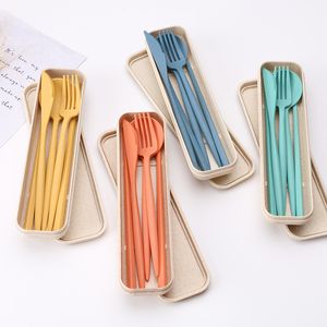 Wheat Straw Cutlery Flatware Sets Portable Reusable Spoon Fork Chopsticks Tableware Set for Adult Kids Outdoor Lunch Usage