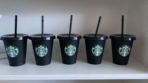 Starbucks 16oz/473ml Plastic Mugs Tumbler Reusable Black Drinking Flat Bottom Pillar Shape Lid Straw Cups Bardian MZDV