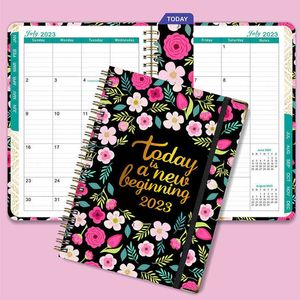 Blocos de notas 2023 A5 Planner Cadernos 365 Daily Weekly Monthly Journal Kawaii Flowers Capa dura para meninas, meninos, planejador de material escolar