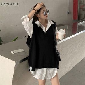 Damenwesten Pullover Weste Frauen V-Ausschnitt reinschwarz Harajuku gestrickt koreanischen Stil Ins All-Match Basic Preppy klassisch stilvoll eingetroffen gemütlich 221109