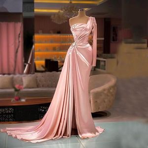 Pink Satin Mermaid Prom Party Dresses One Shoulder Beaded Front Split Formal Evening Occasion Gowns Robe De