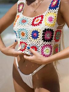 Women's Tanks Y2K Vintage Women's Summer Sleeveless Bohemia Hollow Tops Colorful Camisol Crochet Embroidery Knitted Tank Beachwear