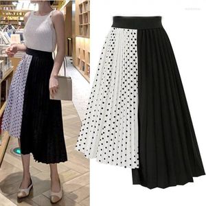 Skirts In 2022 Summer Large Women's Dress Pleated And Polka Dot Splicing Medium Length Chiffon Skirt With Hem