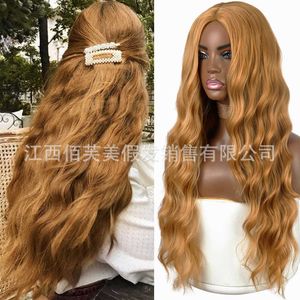 Saç dantel peruklar altın kahverengi bölünmüş bangl büyük dalga kıvırcık saç kimyasal fiber peruk kafa kapağı
