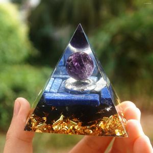 Figurine decorative Piramide di orgonite fatta a mano 60mm Sfera di cristallo ametista con anello in argento Pietra naturale Meditazione di guarigione energetica Reiki