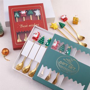 4PCS Weihnachten Löffel mit Cift Box Edelstahl Kaffee Dessert Scoop mit Cartoon Anhänger Küche Geschirr