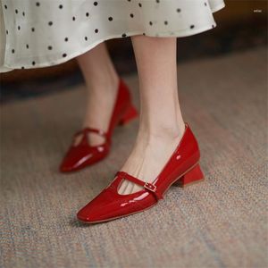Dress Shoes Spring/Autumn Women Patent Leather Solid Color T-shaped Buckle Pumps Square Toe Chunky Heel Versatile Mary Jane For