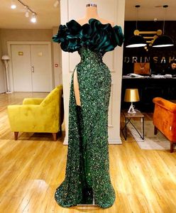 Emerald Green Mermaid Evening Formella klänningar Ruffles Axless Gillter Sparkly paljetter pärlstav sexiga slits promklänningar