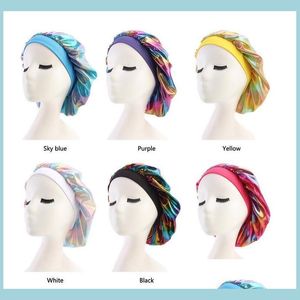 Beanie/Skull Caps Muslim Women Wide Stretch Silk Satin Breathable Bandana Night Slee Turban Hat Headwrap Bonnet Chemo Cap Hair Acces Dhhra