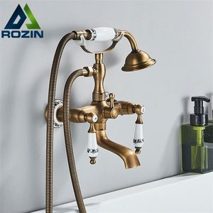 Andere Wasserhähne Duschen Accs Rozin Messing-Badewannen-Duscharmatur-Set im Retro-Stil, Doppelknöpfe, Wandmischer mit Handbrause und drehbarem Wannenauslaufhahn 221109